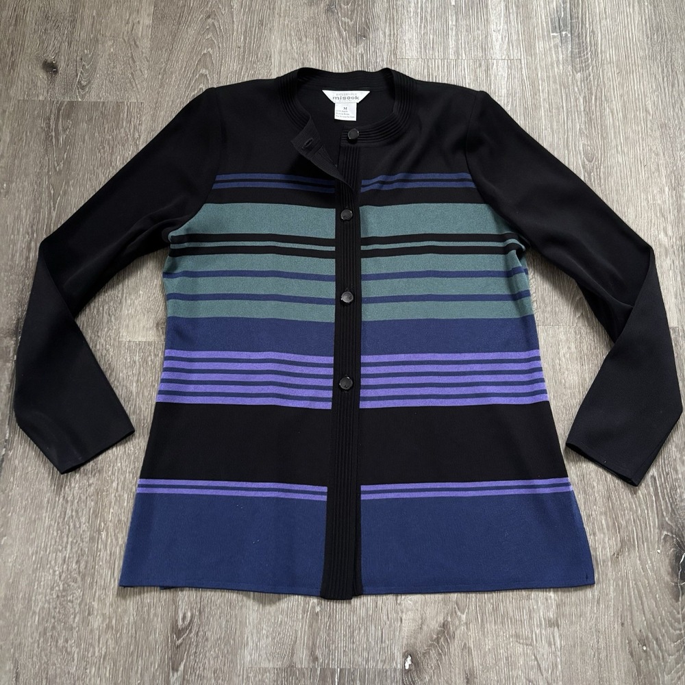 Exclusively Misook M Acrylic Striped Button Down Long Sleeve Sweater Cardigan